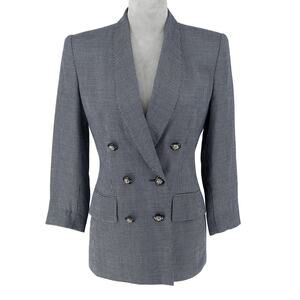 Kasper Jacket Petites 4P Navy Blue White Micro Plaid Double Breasted Vintage